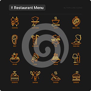 Restaurant menu thin line icons set: starters, chef dish, BBQ, soup, beef, steak, beverage, fish, salad, pizza, wine, seafood,