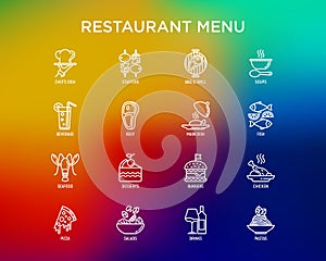 Restaurant menu thin line icons set: starters, chef dish, BBQ, soup, beef, steak, beverage, fish, salad, pizza, wine, seafood,