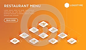 Restaurant menu web page template with thin line isometric icons: starters, chef dish, BBQ, soup, beef, steak, beverage, fish,