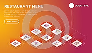 Restaurant menu web page template with thin line isometric icons: starters, chef dish, BBQ, soup, beef, steak, beverage, fish,