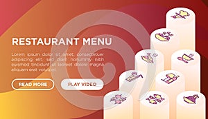 Restaurant menu web page template with thin line isometric icons: starters, chef dish, BBQ, soup, beef, steak, beverage, fish,