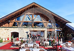 Restaurant in the mountains.Ski Resort Courchevel in wintertime