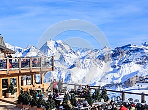 Restaurant in the mountains.Ski Resort Courchevel in wintertime