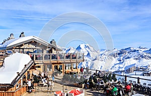 Restaurant in the mountains. Ski Resort Courchevel in wintertime