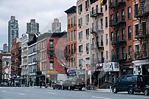 Restaurant, old buildings, storefront of Hells Kitchen street scene in the west side of Midtown Manhattan