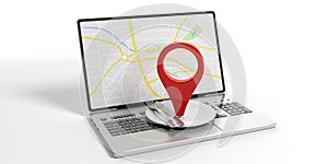 Location marker and place setting on laptop isolated on white. 3d illustration