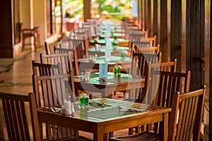 restaurant on the open veranda, tables are