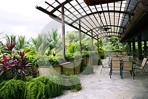 Restaurant on a open verandah in a modern luxury hotel