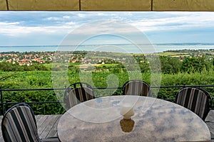 Restaurant over the Lake Balaton on the hill Dinner, lunch, romantic date, eating on nature. Csopak wine restaurant table with