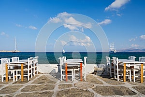 A restaurant overlooking Little Venice, Mykonos Island, Greece. Lunch and dinner overlooking the sea.