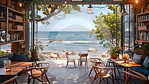 A restaurant overlooking the ocean with diners enjoying their meals.