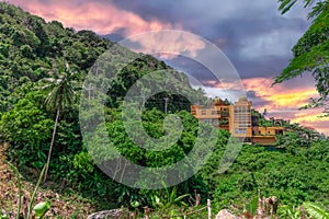 Restaurant in Phuket Mountains over looking Karon Beach lovely Skies Sunset in Phuket island Thailand.