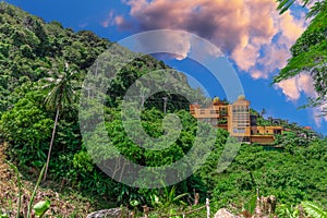 Restaurant in Phuket Mountains over looking Karon Beach lovely Skies Sunset in Phuket island Thailand.