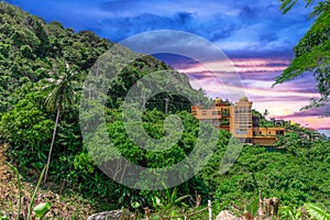 Restaurant in Phuket Mountains over looking Karon Beach lovely Skies Sunset in Phuket island Thailand.