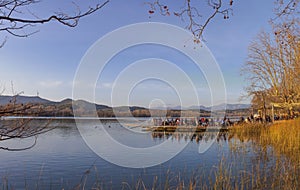 Restaurant on pier at Lake of Banyoles, Spain