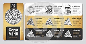 Restaurant pizza menu design. Decorative sketch of pizza. Fast food menu