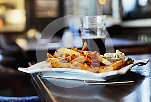 Restaurant plated dish, fish and chips photo