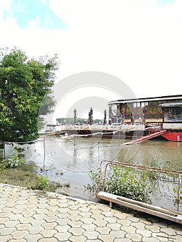 Restaurant pontoon boat on the Danube river bank