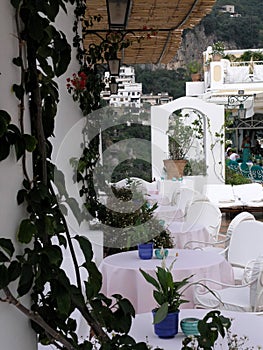 Restaurant in Positano, Italy, all in white