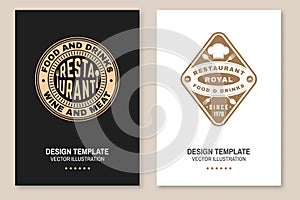 Restaurant poster design. Vector Illustration. Vintage graphic design for logotype, label, badge with chef hat, fork and