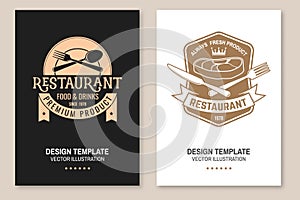 Restaurant poster design. Vector Illustration. Vintage graphic design for logotype, label, badge with steak, fork and