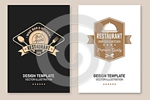 Restaurant poster design. Vector Illustration. Vintage graphic design for logotype, label, badge with steak, fork and