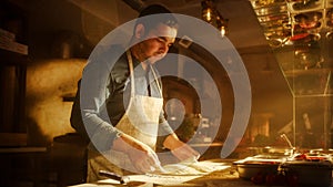 In Restaurant Professional Chef Preparing Pizza, Using Flour, Kneading Dough, Traditional Family