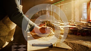 In Restaurant Professional Chef Preparing Pizza, Using Flour, Kneading Dough, Traditional Family