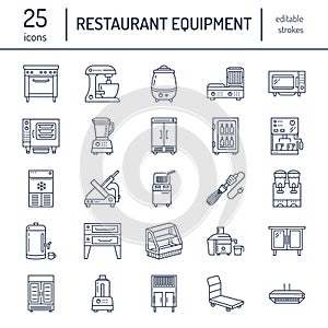 Restaurant professional equipment line icons. Kitchen tools, mixer, blender, fryer, food processor, refrigerator