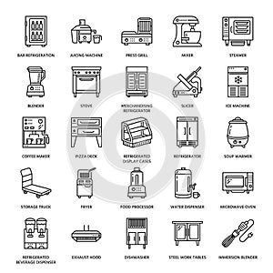 Restaurant professional equipment line icons. Kitchen tools, mixer, blender, fryer, food processor, refrigerator