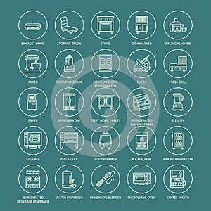 Restaurant professional equipment line icons. Kitchen tools, mixer, blender, fryer, food processor, refrigerator