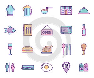 Restaurant, pub and bar icons, barbecue sign and symbol