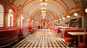 A restaurant with red booths and checkered floor, AI