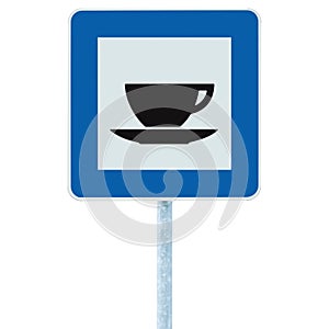 Restaurant road sign on pole post, traffic roadside signage, blue isolated bistro dinner bar cafe cafeteria catering coffee cup