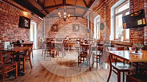 Restaurant roomy hall with wooden furniture and walls of red bricks. generative ai photo