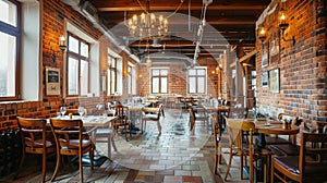 Restaurant roomy hall with wooden furniture and walls of red bricks. generative ai photo