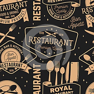 Restaurant seamless pattern or background. Vector Illustration. Fabric, textile, wallaper with plate, cloche with lid