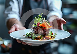 Restaurant serving, Close-up on the hand of a waiter carrying food