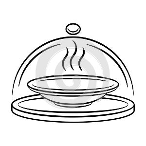 Restaurant serving, hot dish food on tray platter, lunch time line icon. Soup plate under cloche. Order eating, menu. Vector