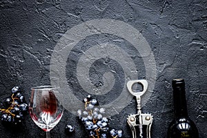 Restaurant set with wine bottle and grape on stone top view mock-up