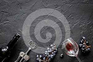 Restaurant set with wine bottle and grape on stone top view mock-up