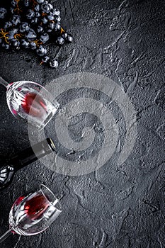 restaurant set with wine bottle and grape on stone top view mock-up