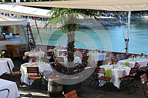 Restaurant on a ship on Lake Constance in the port of Constance City in Germany.