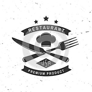Restaurant shop, menu logo. Vector Illustration. Vintage graphic design for logotype, label, badge with chef hat, fork
