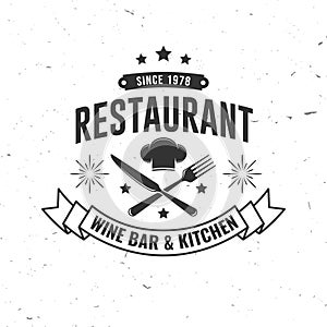 Restaurant shop, menu logo. Vector Illustration. Vintage graphic design for logotype, label, badge with chef hat, fork