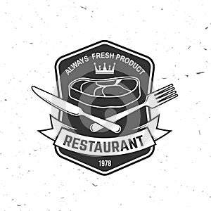 Restaurant shop, menu logo. Vector Illustration. Vintage graphic design for logotype, label, badge with steak, fork and