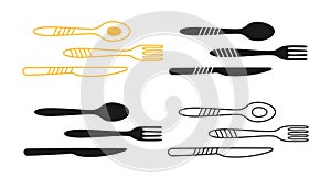 Restaurant sign spoon fork knife kitchen cutlery crockery linear icon set eating utensils tableware