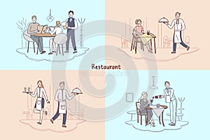 Restaurant staff, cafe waiter and waitress serving, customers making food order, couple sitting at coffee shop table banner