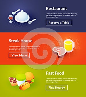 Restaurant steak house and fast food banners of isometric color design