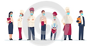 Restaurant stuff. Workers wear protective face masks. Isolated standing in row cafe managers and cookers, waitress or